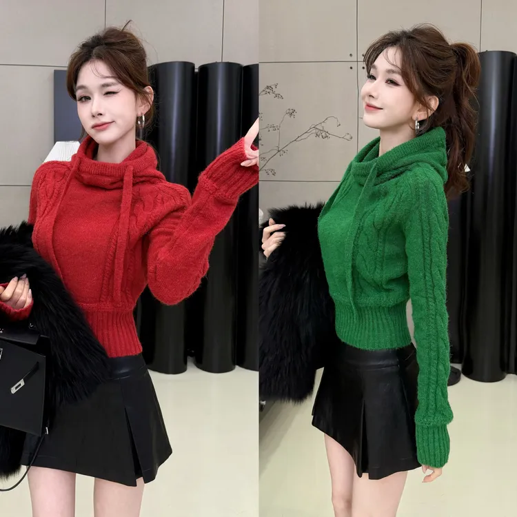 JUSTCC设计感麻花绞针工艺套头连帽毛衣