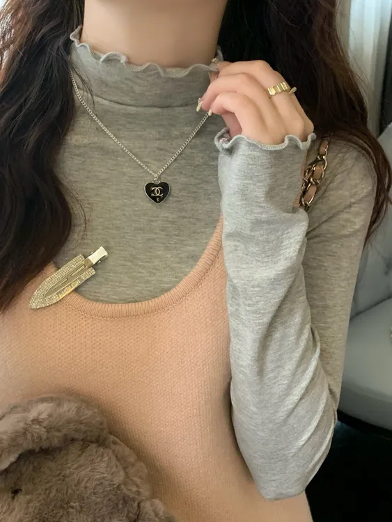 半高领软糯打底衫女内搭春秋冬新款洋气灰色高级感木耳边磨毛上衣