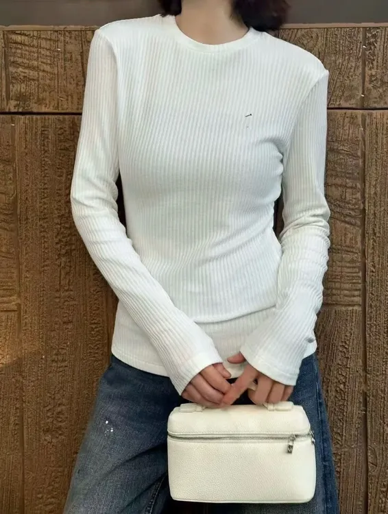 女士外贸美式黑色白色坑条纹弹力修身棉质混纺舒适圆领长袖T恤