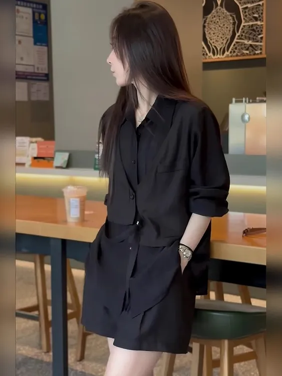 夏装气质穿搭一整套女假两件防晒衬衫+显瘦裤子两件套时尚套装女