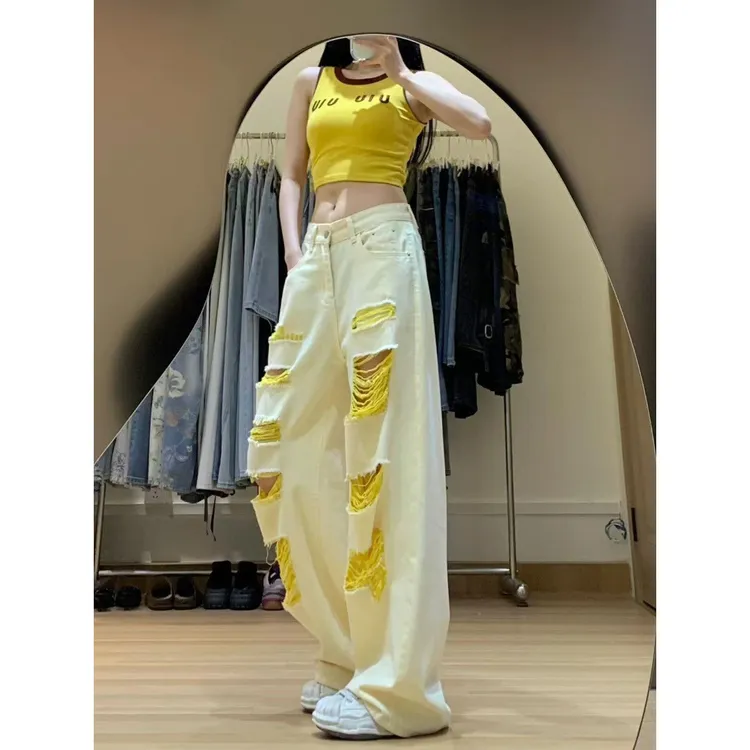 高街黄色破洞牛仔裤女夏季设计感不规则小众辣妹宽松阔腿拖地长裤