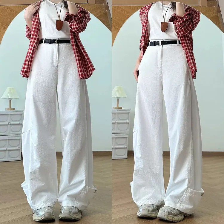 美式直筒休闲裤女2025秋季新款铆钉设计感显瘦宽松高腰百搭弯刀裤
