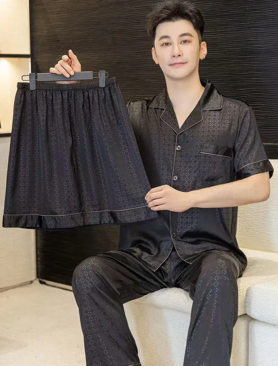 夏季男士西装领小翻领薄款透气冰丝家居服睡衣{三件套}