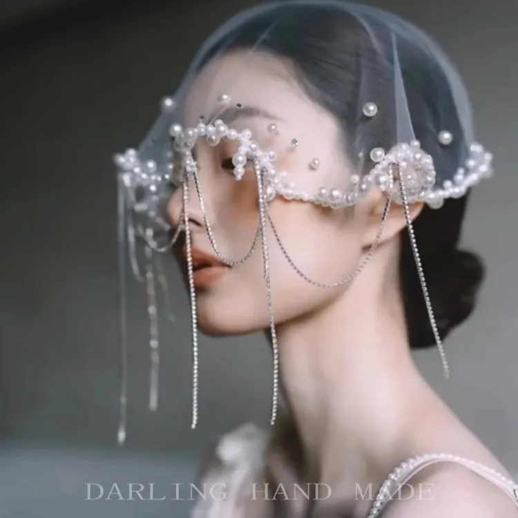 娘复古珍珠短款纱饰白色珍珠盖纱纱影楼写真型饰结婚