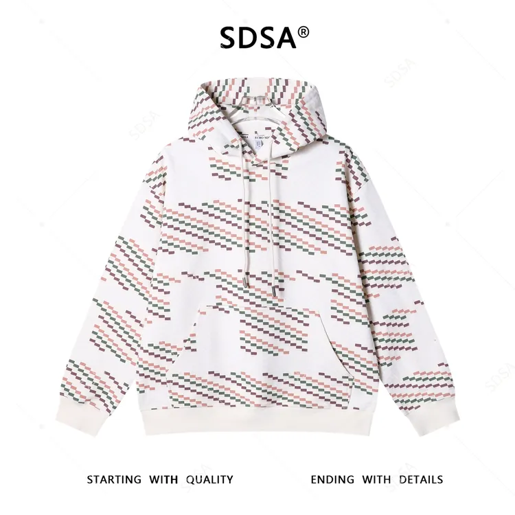 SDSA男士秋冬新款痞帅男装撞色格子斜纹抽绳连帽卫衣百搭宽松上衣