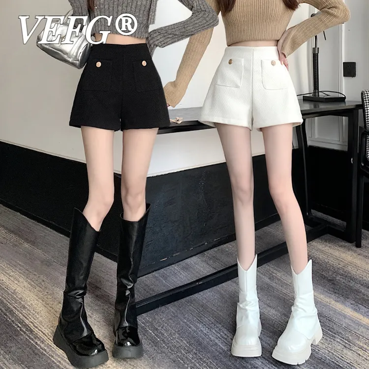 VEFG毛呢短裤女2025新款秋冬季高腰爆款辣妹宽松外穿a字阔腿休闲