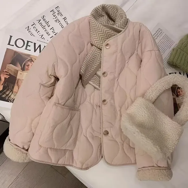 复古仿羊羔绒葫芦纹棉服2025冬季韩版加绒加厚圆领棉衣外套棉袄女