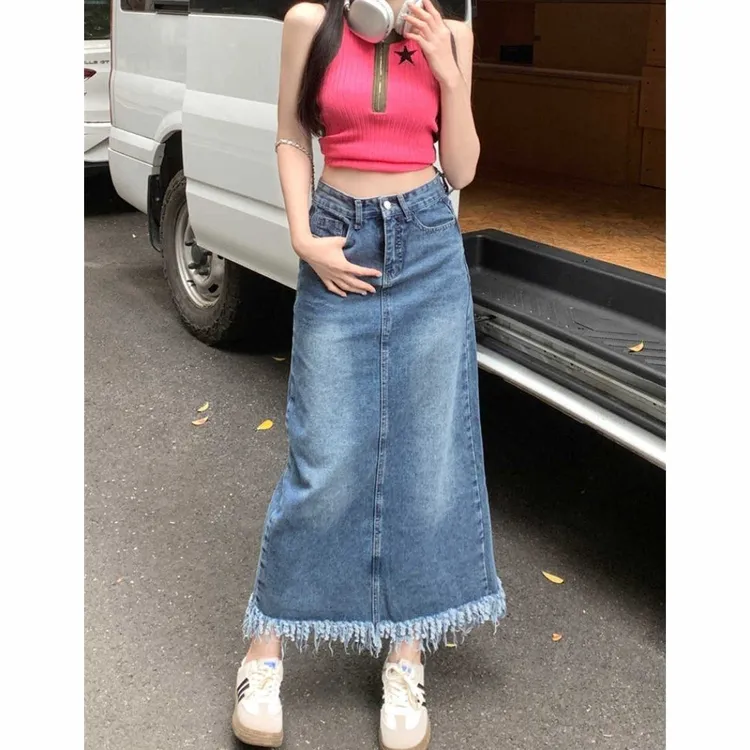 复古开叉毛边牛仔半身裙女美式夏季新款高腰显瘦高个子中长款裙子