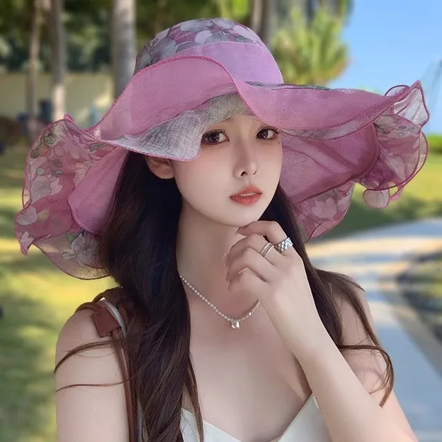 太阳帽子女夏天可折叠遮阳防晒帽大檐户外出游碎花朵沙滩帽渔夫帽