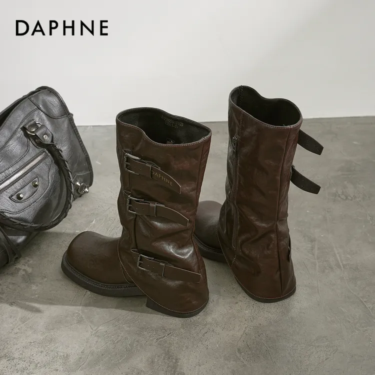 达芙妮中筒马丁靴女2025新款秋冬美拉德爆款粗跟褶皱堆堆裤管短靴