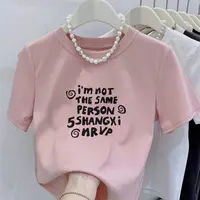 新款圆领I'm not黑白英文印花纯棉短袖小个子女修身显瘦百搭上衣