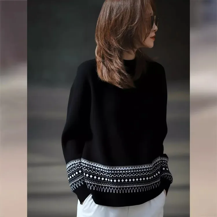 费尔岛风提花圆领长袖针织衫女2026秋冬新款韩系保暖毛衣慵懒百搭