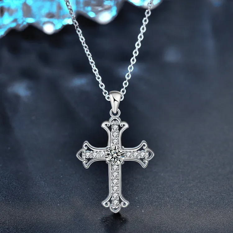 坠链均925银 “十字架”莫桑钻项链欧美十字架吊坠简约锁骨颈链