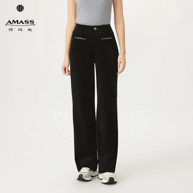 AMASS/阿玛施秋冬新款复古时尚链条装饰雪尼尔直筒休闲裤女510058