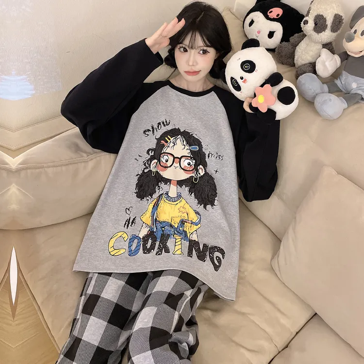宽松版女士纯棉睡衣秋冬季100%棉加肥加大码卡通少女款胖mm家居服