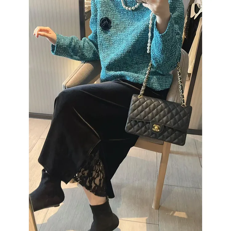 【DIS 定制】【步步生花】侧开叉蕾丝拼接丝绒A字半身裙Z524G16717