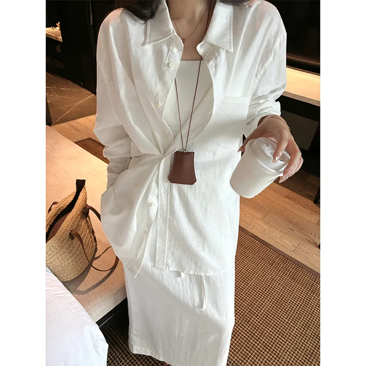 阿秋 老钱松弛感亚麻白衬衫女2025宽松显瘦百搭日常通勤长袖衬衣