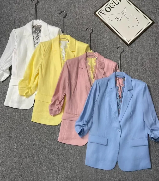 2025夏季新款100%亚麻小西服翻领七分袖西装显瘦韩版荷叶袖气质