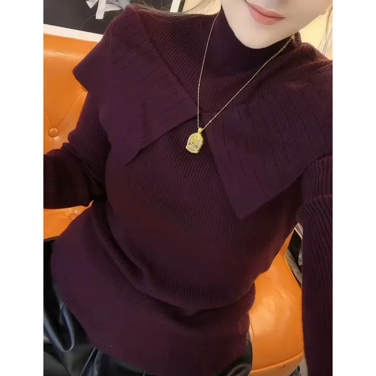 今年流行穿搭2025秋冬新款温柔风海军领拼接披肩毛针织衫长袖上衣