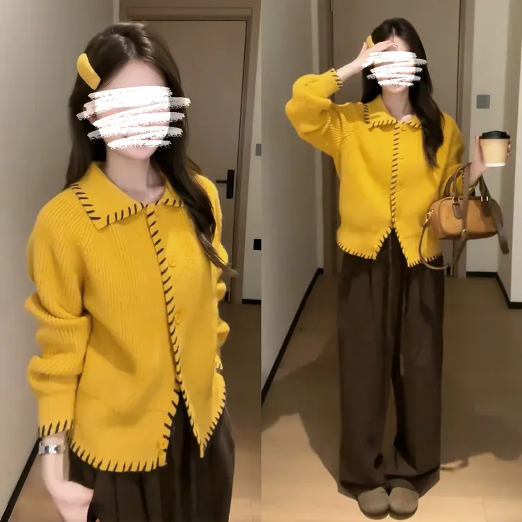 针织翻领INS风女毛针织衫短款设计感显瘦上衣百搭休闲阔腿裤套装