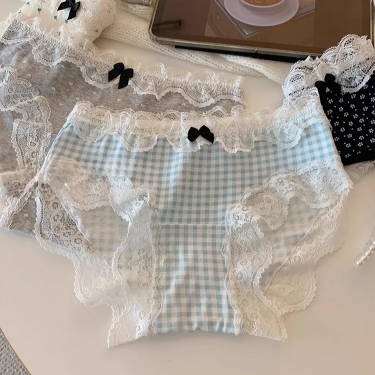 甜美蕾丝边内裤女纯棉抗菌加长裆亲肤日系少女女生透气款三角裤