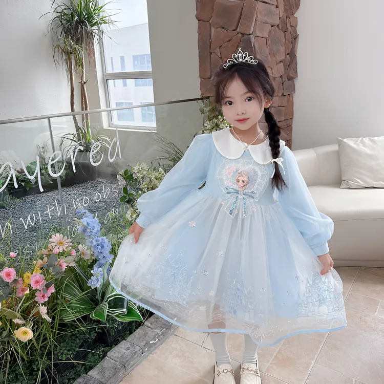 娃娃领城堡艾莎连衣裙中小女童秋季长袖裙子女宝公主裙网纱裙