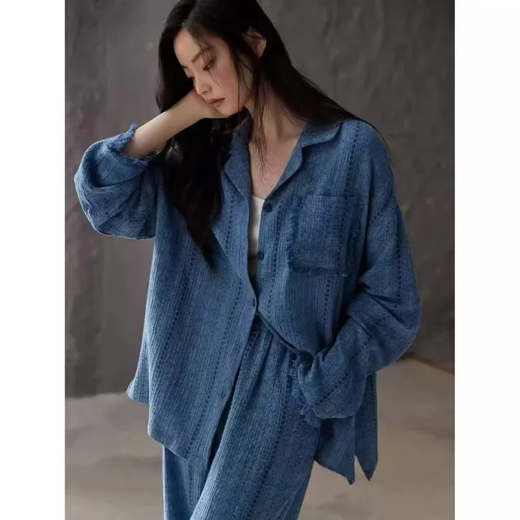 带胸垫睡衣女蓝色长袖春秋开衫套装可外穿家居服流苏大码条纹长裤