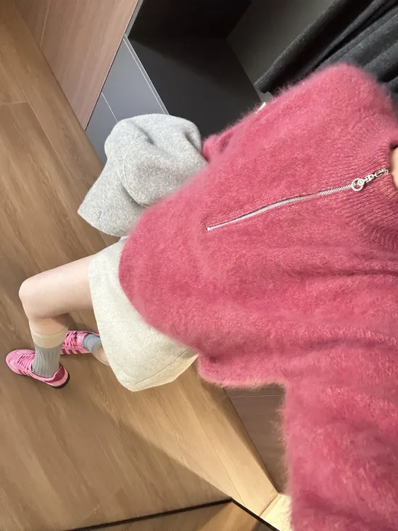 2026秋冬新款韩系气质半拉链高领套头玫粉色针织衫高腰半身裙套装