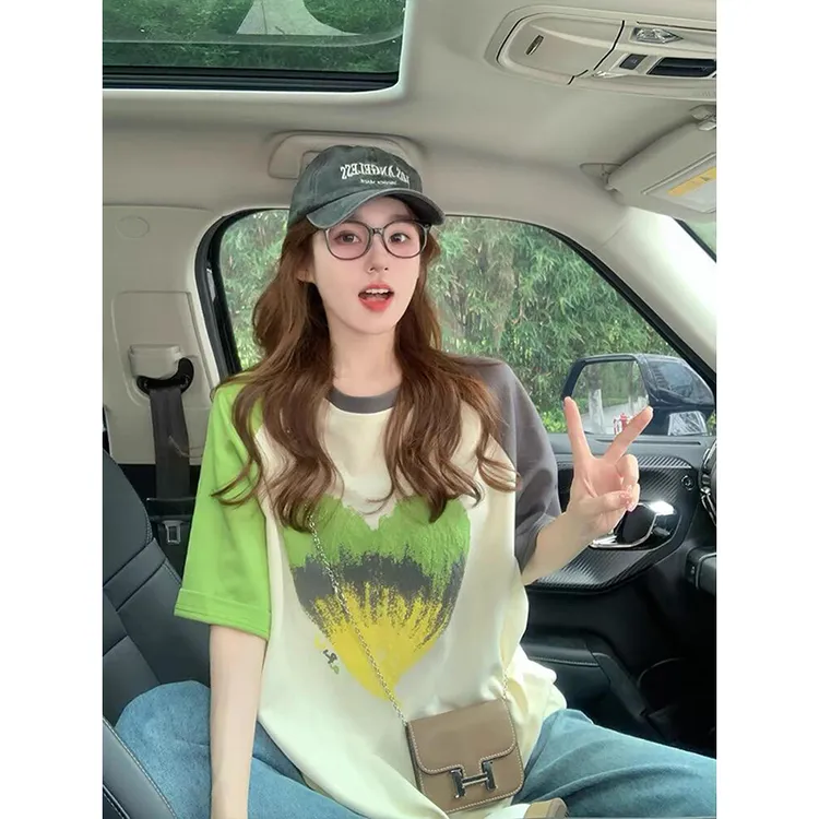 撞色插肩短袖t恤女夏2025新款美式渐变爱心潮牌宽松上衣oversize