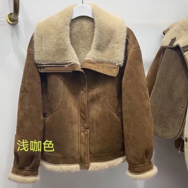 2025短款短外套女士秋冬毛绒翻领外套拼接气质休闲百搭上衣外套