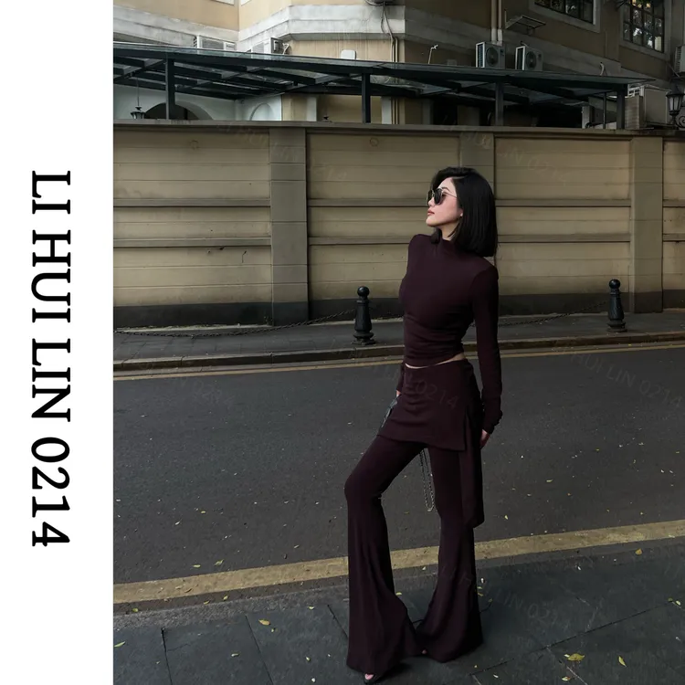 LIHUILIN/高级感复古针织套装短款上衣微喇裤