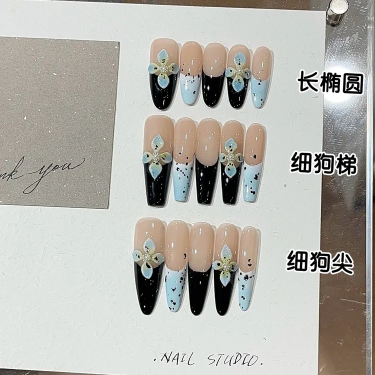 【恶魔之花】甜酷风气质黑法不规则波点纹雕花手工穿戴甲贴片美甲