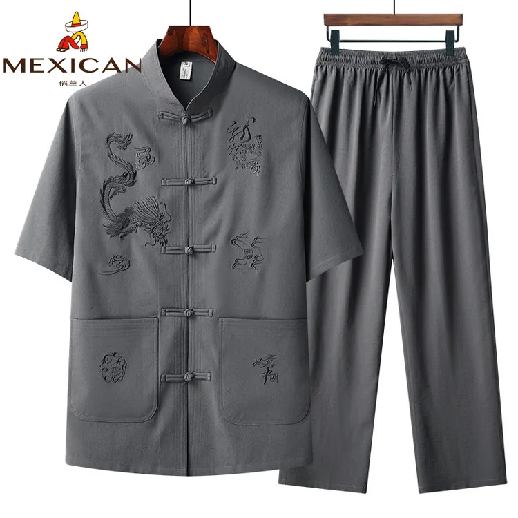 Mexican/稻草人唐装男士中老年短袖国风汉服夏季冰丝衬衣爸爸套装