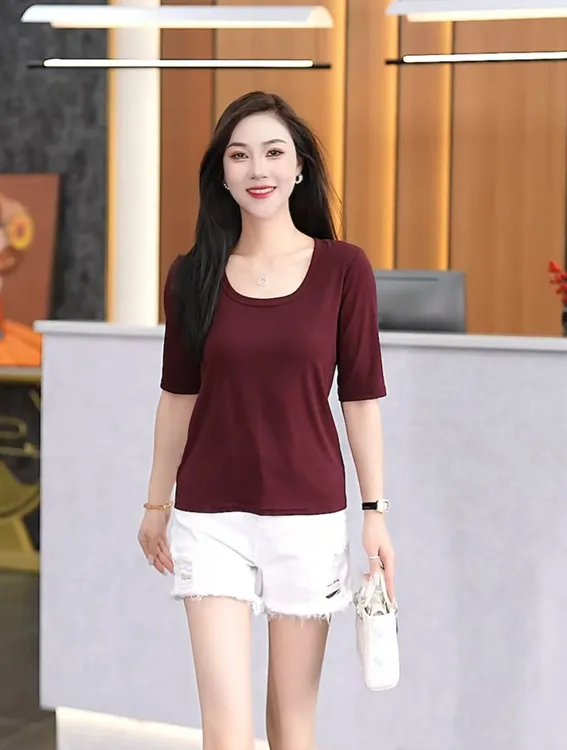 2025女士气质显瘦T袖修身百搭简约五分袖纯色中袖T恤