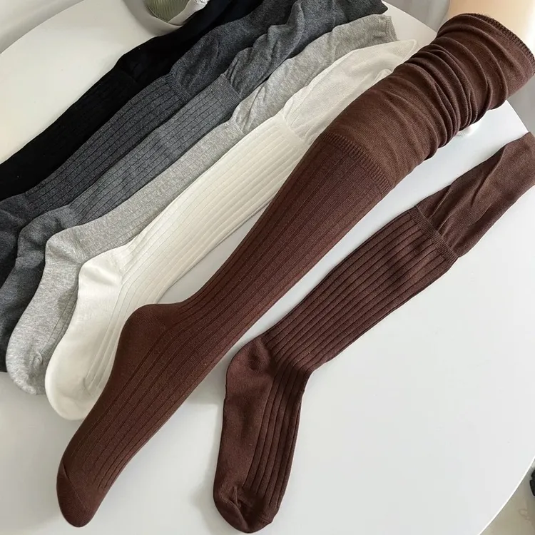 美拉德咖啡棕色过膝袜春秋薄款竖条纹拼接长筒袜烟灰色高筒袜kkh