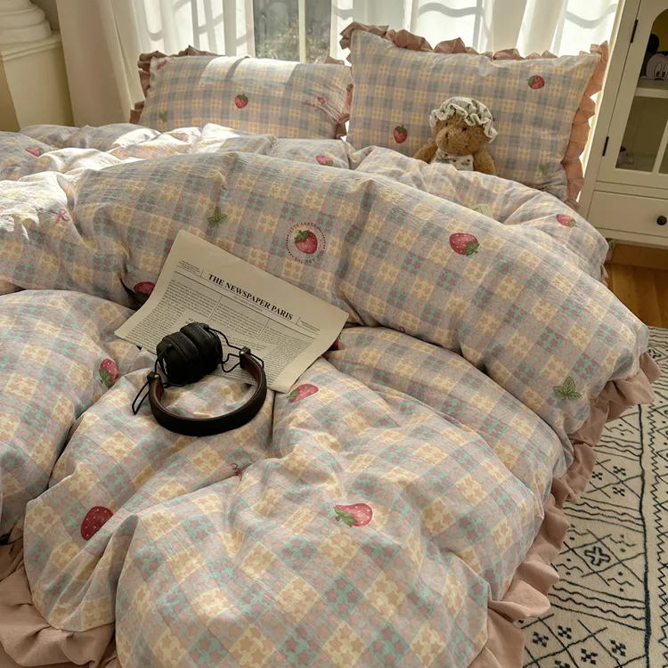 A类法式双层纱四件套裸睡母婴级水洗棉韩版花边小清新床笠三件套