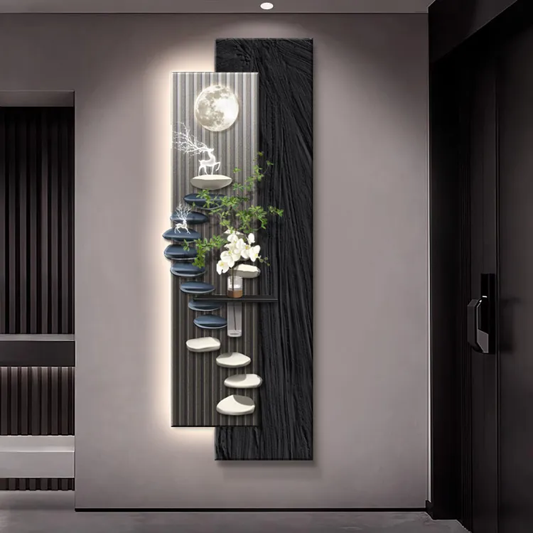 轻奢步步高升玄关装饰画高级感入户门墙挂画水培绿植墙壁灯画沙岩