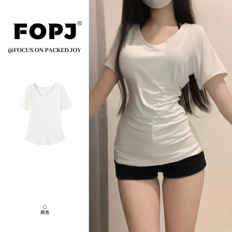 FOPJ夏季新款白色正肩收腰V领短袖t恤女纯欲风修身显瘦甜辣妹上衣