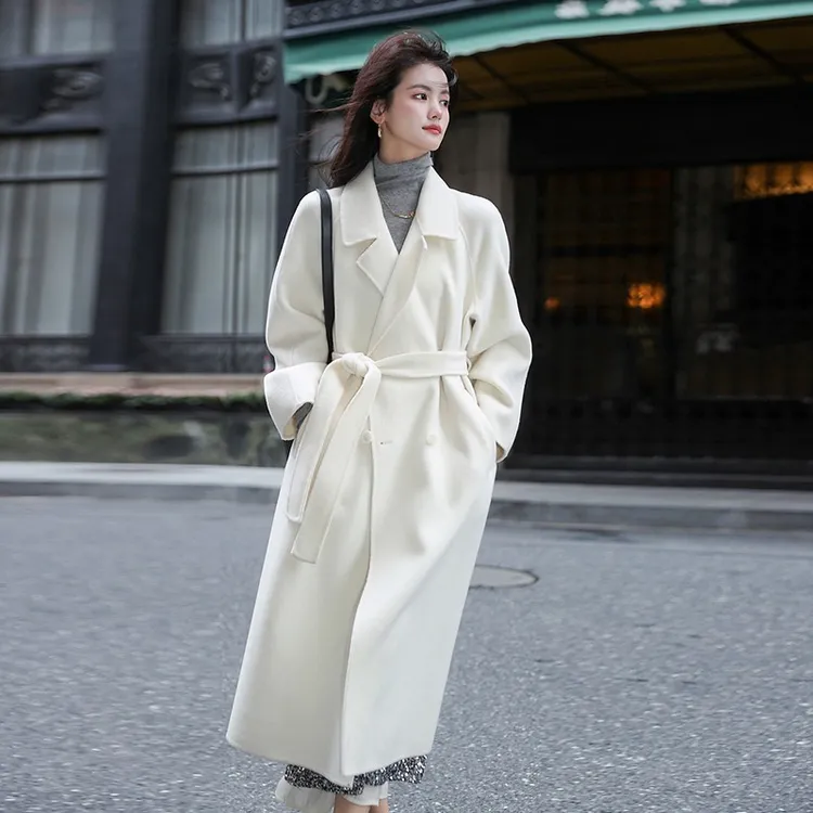 2025秋冬中长款宽松时尚白色双面绒呢子外套女质感小个子毛呢大衣