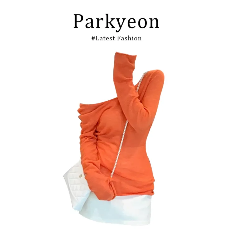 parkyeon橘色露肩长袖修身针织衫高腰包臀短裙套装纯欲辣妹穿搭女