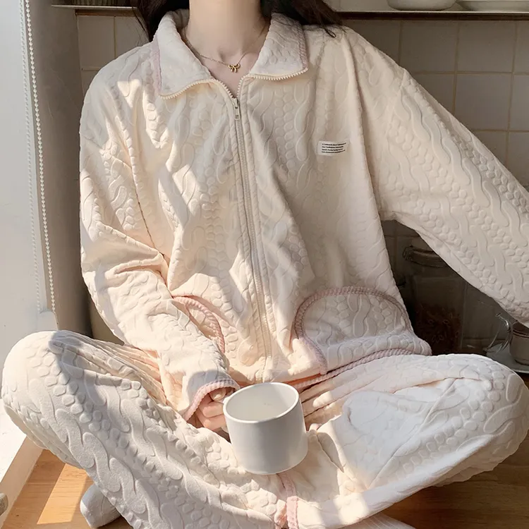 海岛绒睡衣女款秋冬季长袖加绒法兰绒甜美开衫拉链翻领套装家居服