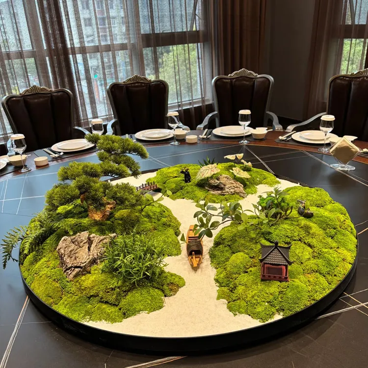  高端酒店大圆桌中间摆件会所餐桌转盘装饰微景观盆景装饰花中式