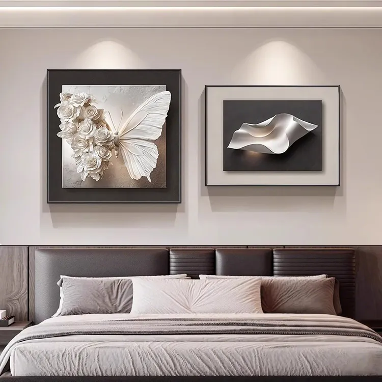 现代简约卧室床头装饰画轻奢高级感主卧房间蝴蝶挂画黑白餐厅壁画