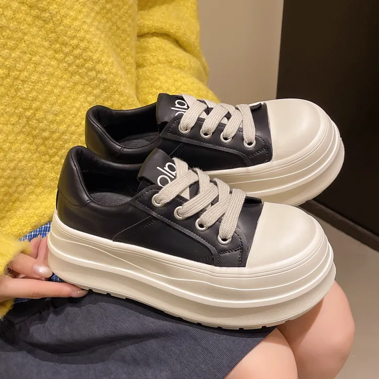 真皮休闲大头丑萌面包牛皮增高小个子黑白小白鞋松糕厚底板鞋女款