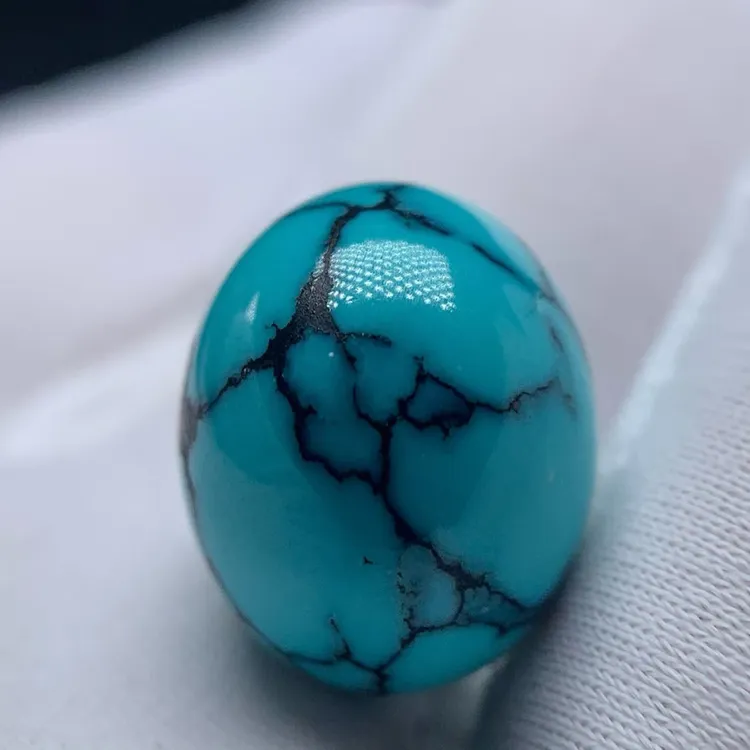 原矿绿松石高瓷蓝绿水草纹精品圆珠