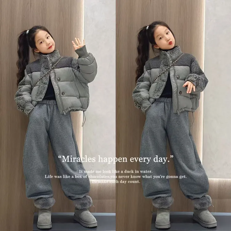 女童韩系夹棉加厚棉衣加绒弯刀裤套装冬季中大童保暖时