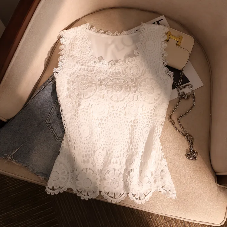 法式镂空蕾丝吊带背心女性感美背辣妹白色简约风无袖上衣夏季外穿