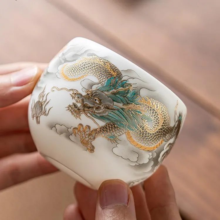 千代鎏金羊脂玉瓷茶杯家用高档茶具个人专用手绘品茗主人杯白瓷