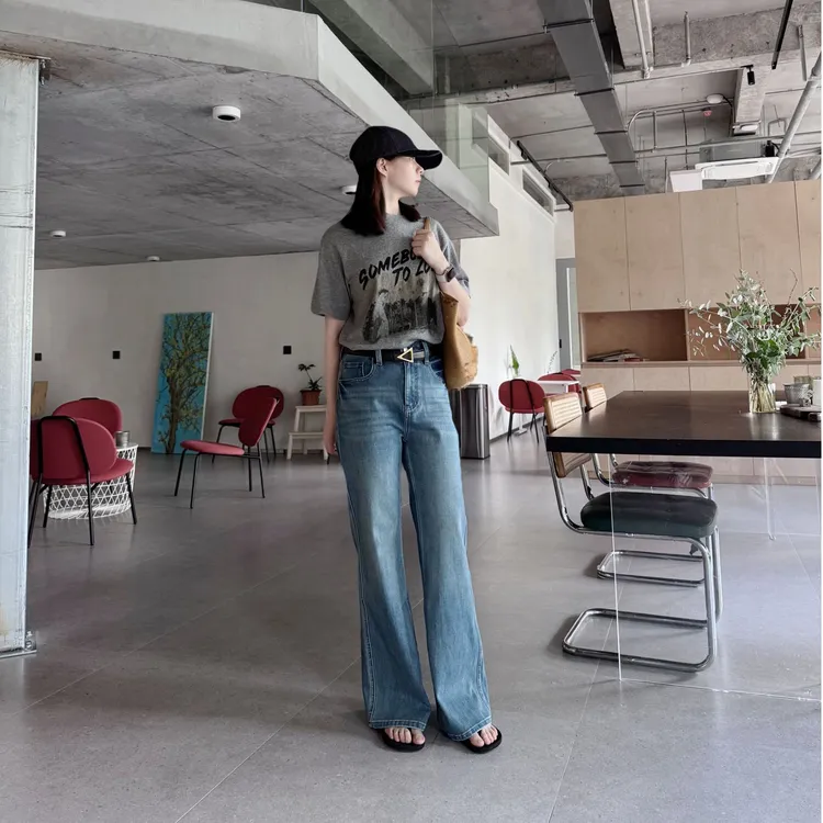 土耳其浆纱水洗工艺时尚中高腰‘树皮纹理’窄版直筒美式复古牛仔裤