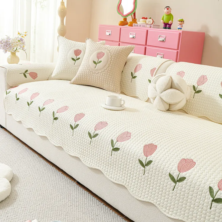 2025新款少女风刺绣全棉沙发垫四季通用防滑沙发套罩奶油风坐垫子
